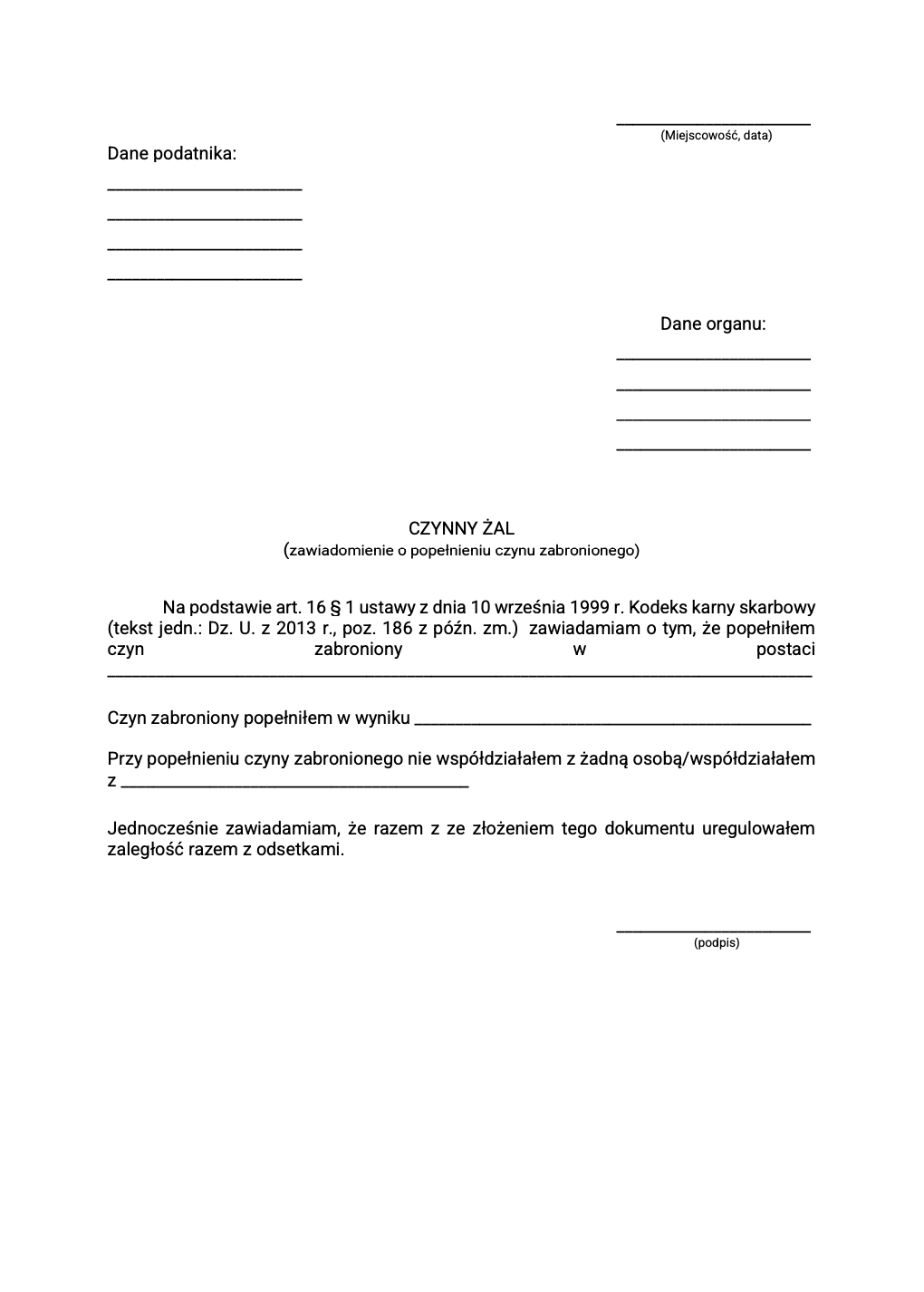 Wzór - formularz czynny żal